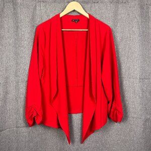Michel Red Open Front Cardigan Women 2XL Ruched Sleeve Chic Versatile